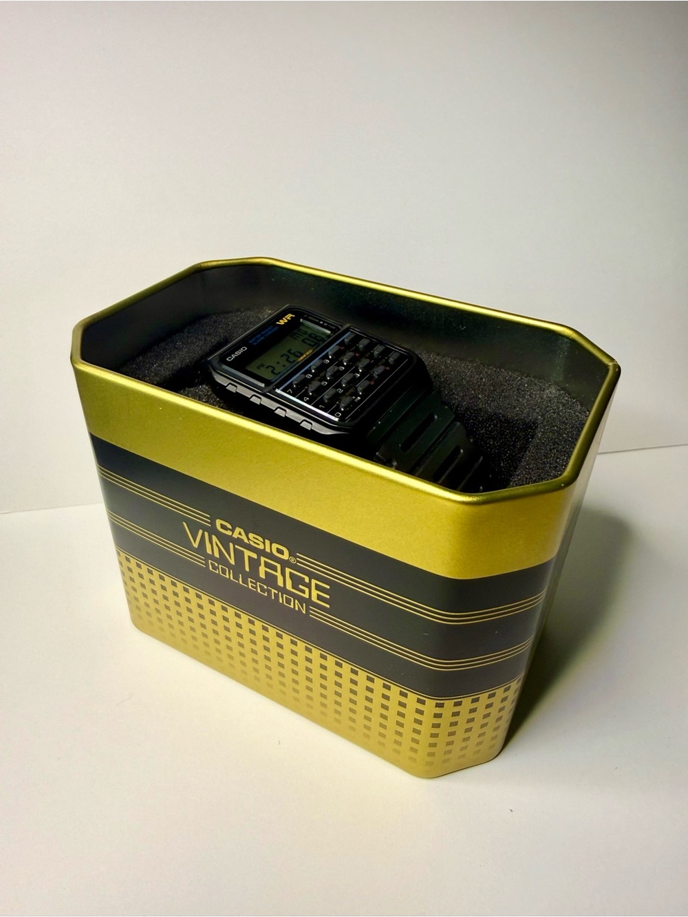 Casio Vintage Collection CA-53W Calculator Watch — in original gold tin!